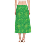 Green Cannabis Leaf Pattern Print Side Slit Midi Skirt