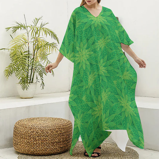Green Cannabis Leaf Pattern Print Silk V-Neck Kaftan Dress