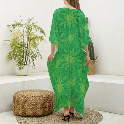 Green Cannabis Leaf Pattern Print Silk V-Neck Kaftan Dress