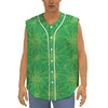 Green Cannabis Leaf Pattern Print Sleeveless Baseball Jersey