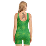 Green Cannabis Leaf Pattern Print Sleeveless One Piece Swimsuit