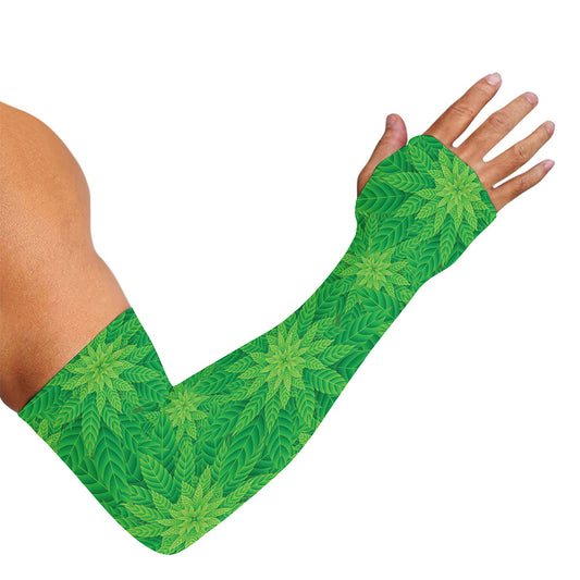 Green Cannabis Leaf Pattern Print Sun Protection Arm Sleeves