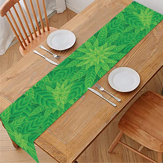 Green Cannabis Leaf Pattern Print Table Runner