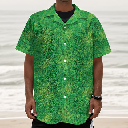 Green Cannabis Leaf Pattern Print Textured Short Sleeve Shirt