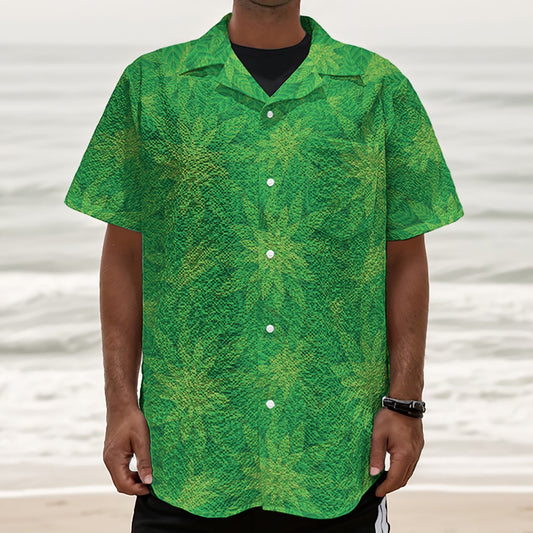 Green Cannabis Leaf Pattern Print Textured Short Sleeve Shirt