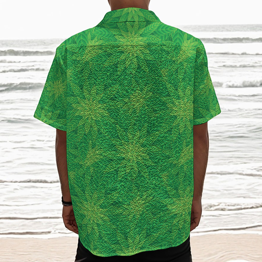 Green Cannabis Leaf Pattern Print Textured Short Sleeve Shirt