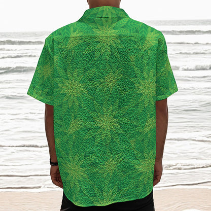 Green Cannabis Leaf Pattern Print Textured Short Sleeve Shirt