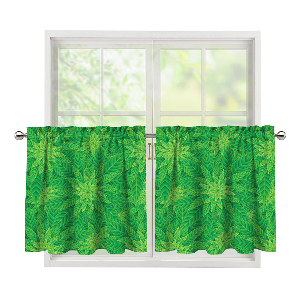 Green Cannabis Leaf Pattern Print Tier Curtains