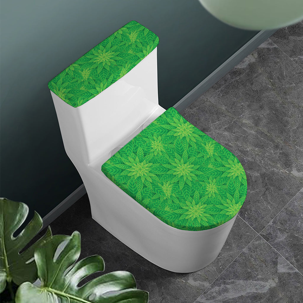 Green Cannabis Leaf Pattern Print Toilet Lid And Tank Cover Set