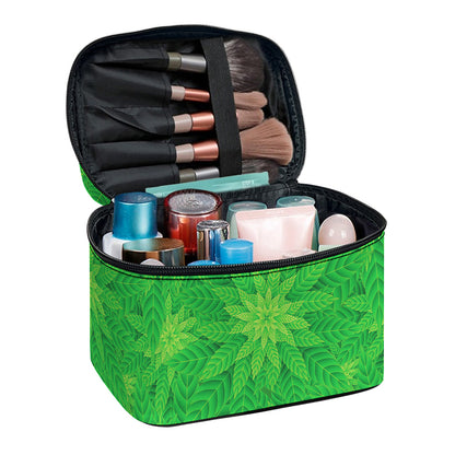 Green Cannabis Leaf Pattern Print Travel Makeup Bag