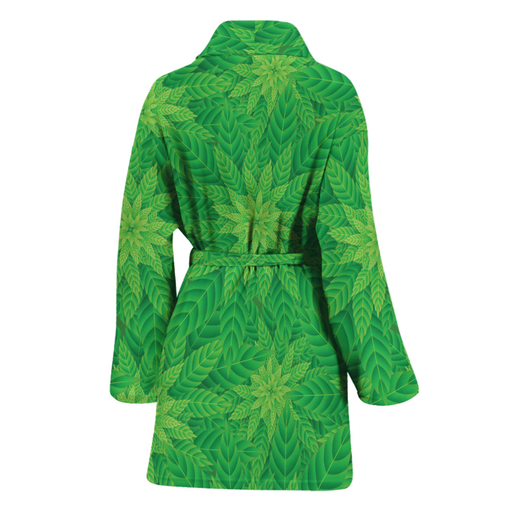 Green Cannabis Leaf Pattern Print Women's Bathrobe