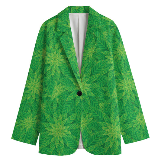 Green Cannabis Leaf Pattern Print Women's Blazer