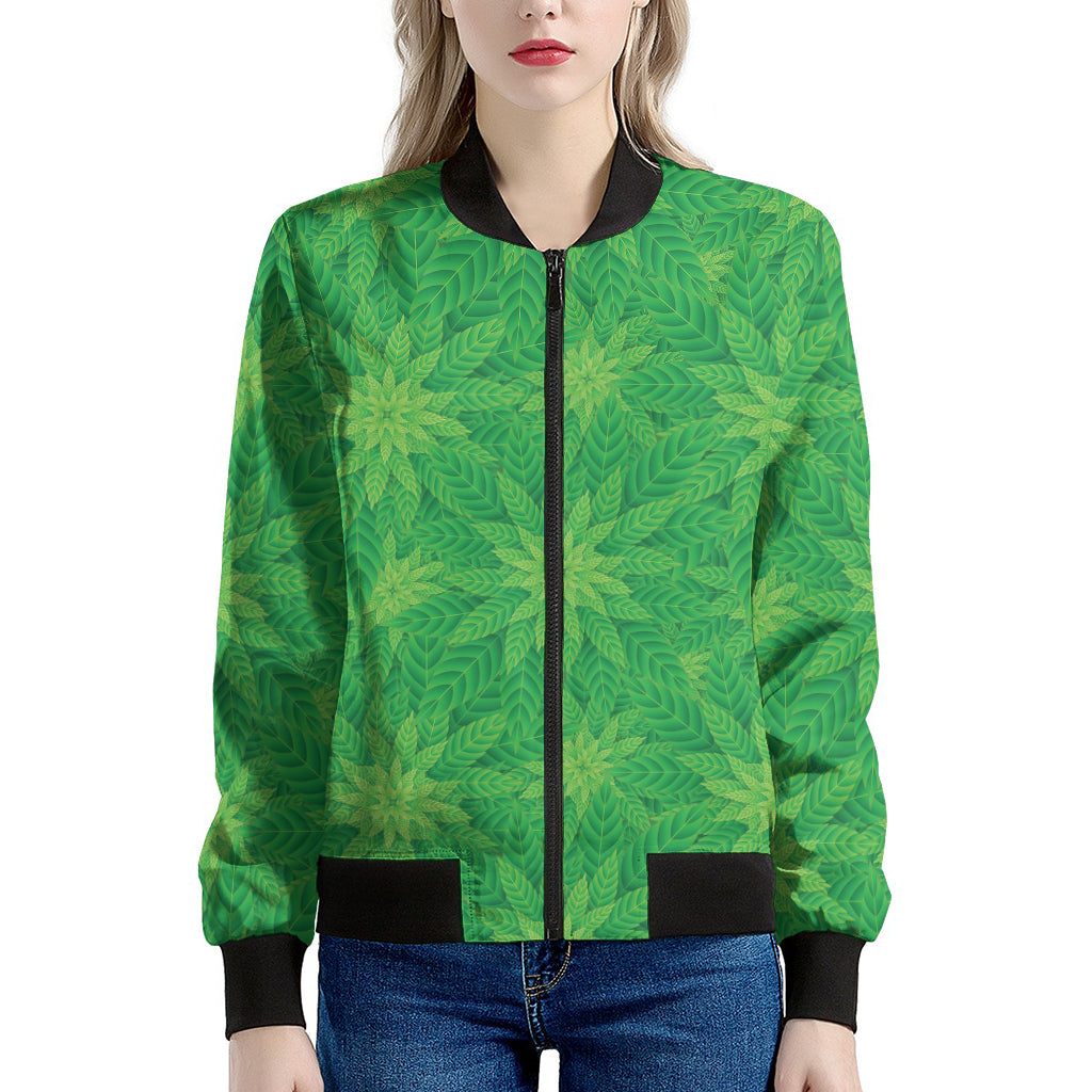 Green Cannabis Leaf Pattern Print Women's Bomber Jacket