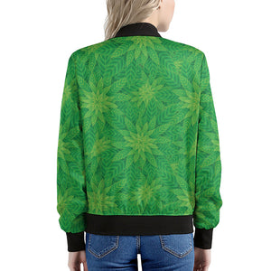 Green Cannabis Leaf Pattern Print Women's Bomber Jacket