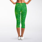 Green Cannabis Leaf Pattern Print Women's Capri Leggings