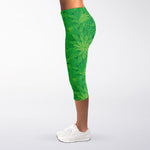 Green Cannabis Leaf Pattern Print Women's Capri Leggings