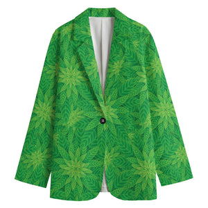 Green Cannabis Leaf Pattern Print Women's Cotton Blazer