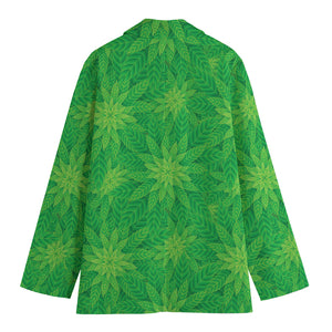 Green Cannabis Leaf Pattern Print Women's Cotton Blazer