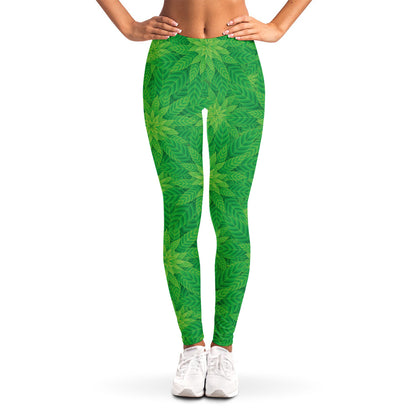 Green Cannabis Leaf Pattern Print Women's Leggings