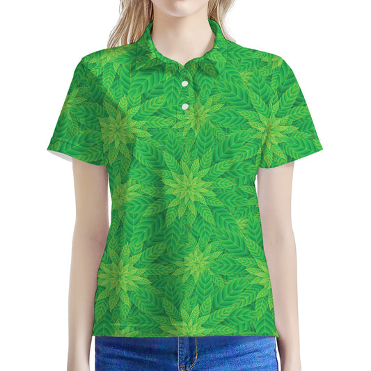 Green Cannabis Leaf Pattern Print Women's Polo Shirt