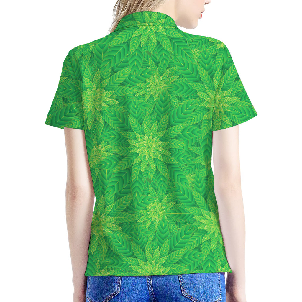 Green Cannabis Leaf Pattern Print Women's Polo Shirt