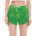 Green Cannabis Leaf Pattern Print Women's Split Running Shorts