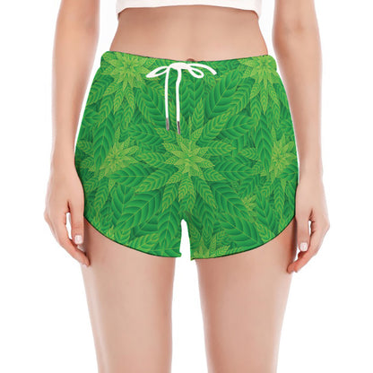 Green Cannabis Leaf Pattern Print Women's Split Running Shorts