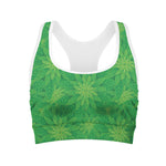 Green Cannabis Leaf Pattern Print Women's Sports Bra