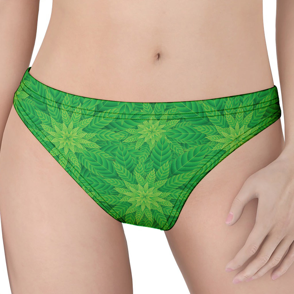 Green Cannabis Leaf Pattern Print Women's Thong