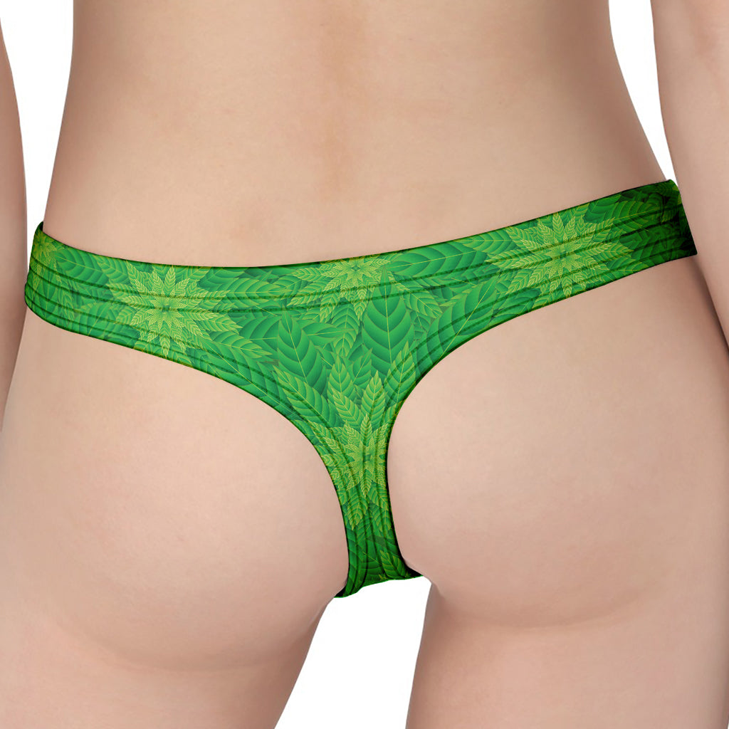 Green Cannabis Leaf Pattern Print Women's Thong