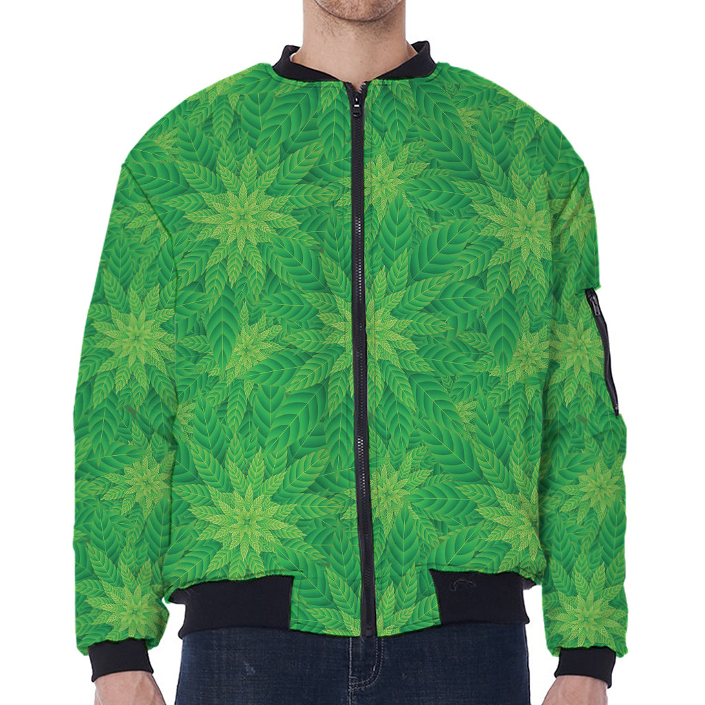 Green Cannabis Leaf Pattern Print Zip Sleeve Bomber Jacket