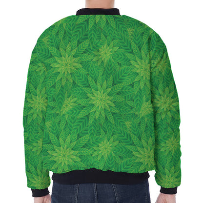 Green Cannabis Leaf Pattern Print Zip Sleeve Bomber Jacket