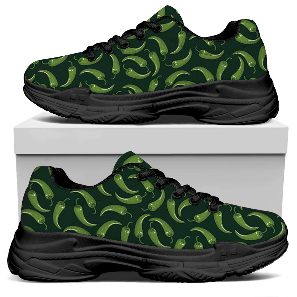 Green Chili Peppers Pattern Print Black Chunky Shoes