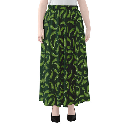 Green Chili Peppers Pattern Print Chiffon Maxi Skirt