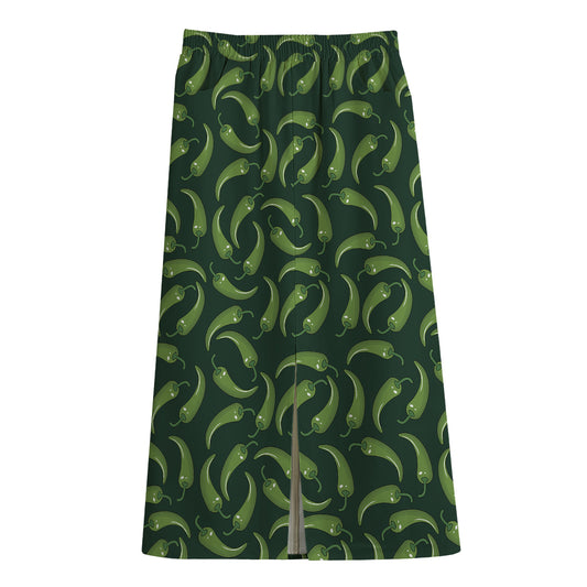 Green Chili Peppers Pattern Print Cotton Front Slit Maxi Skirt