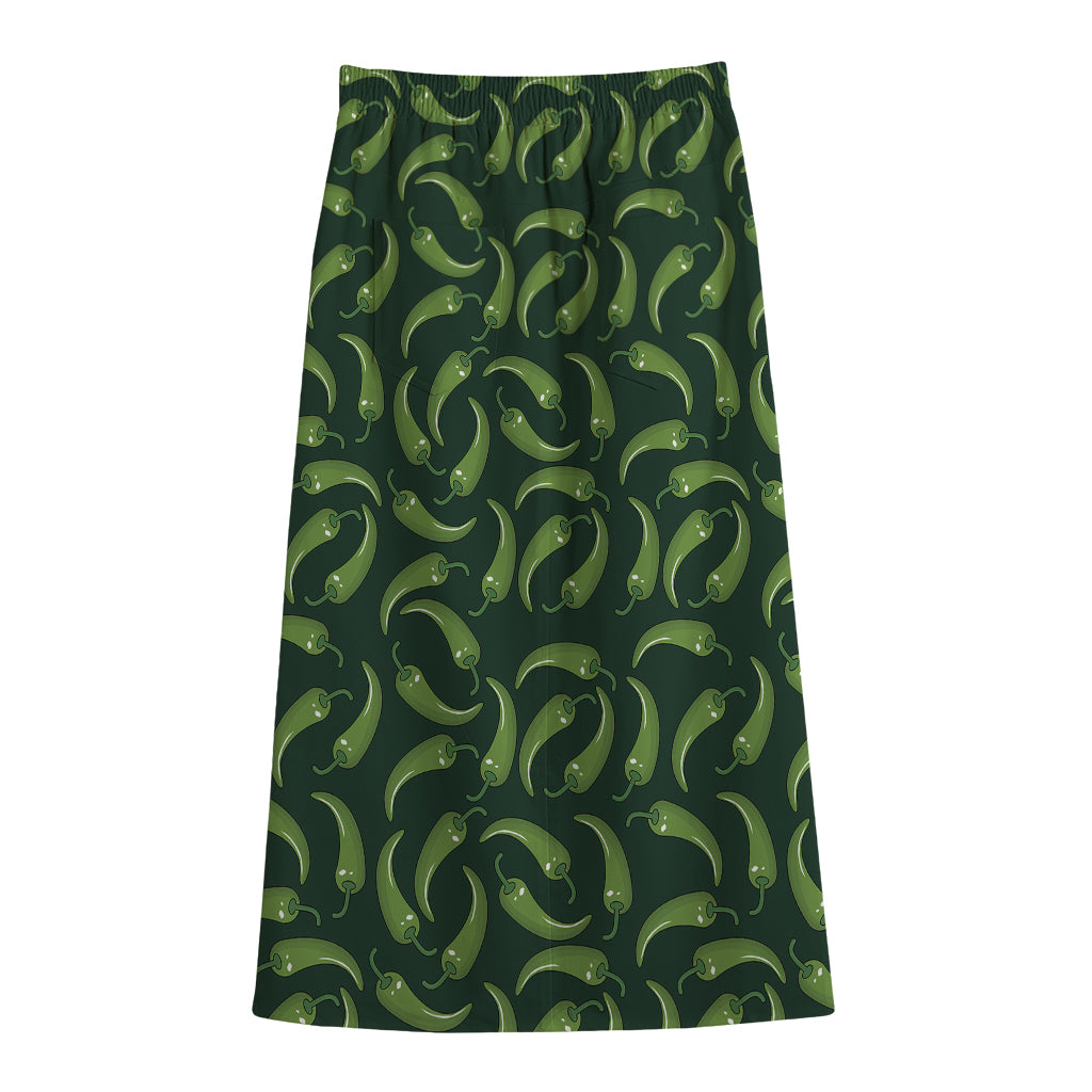 Green Chili Peppers Pattern Print Cotton Front Slit Maxi Skirt