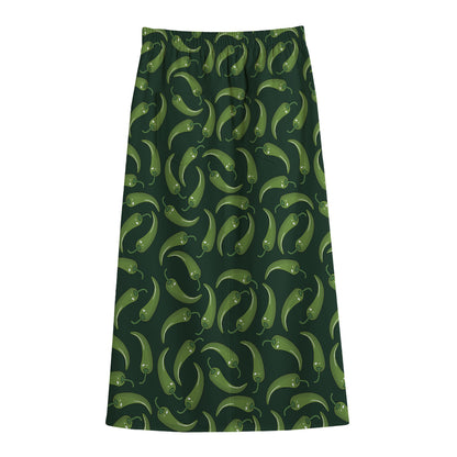 Green Chili Peppers Pattern Print Cotton Front Slit Maxi Skirt
