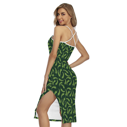 Green Chili Peppers Pattern Print Cross Back Cami Dress