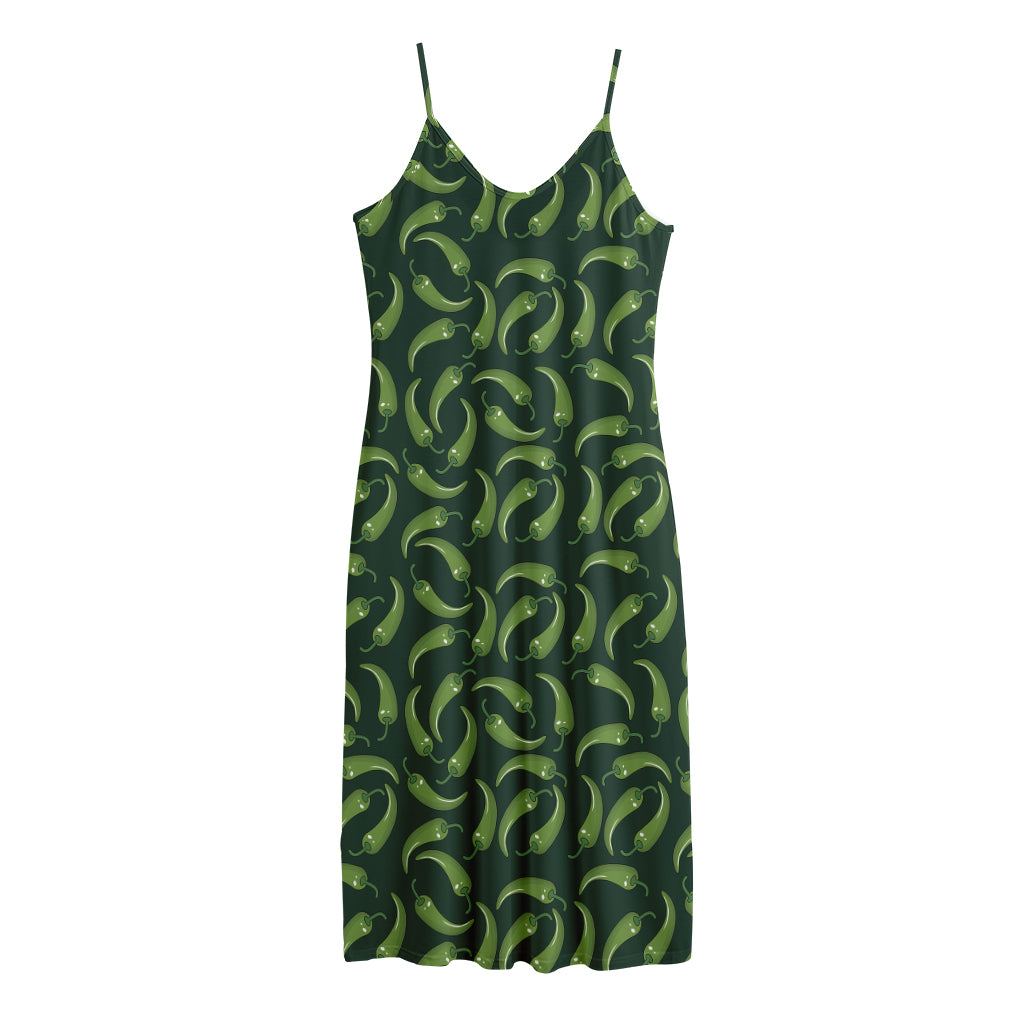 Green Chili Peppers Pattern Print Jersey Midi Cami Dress