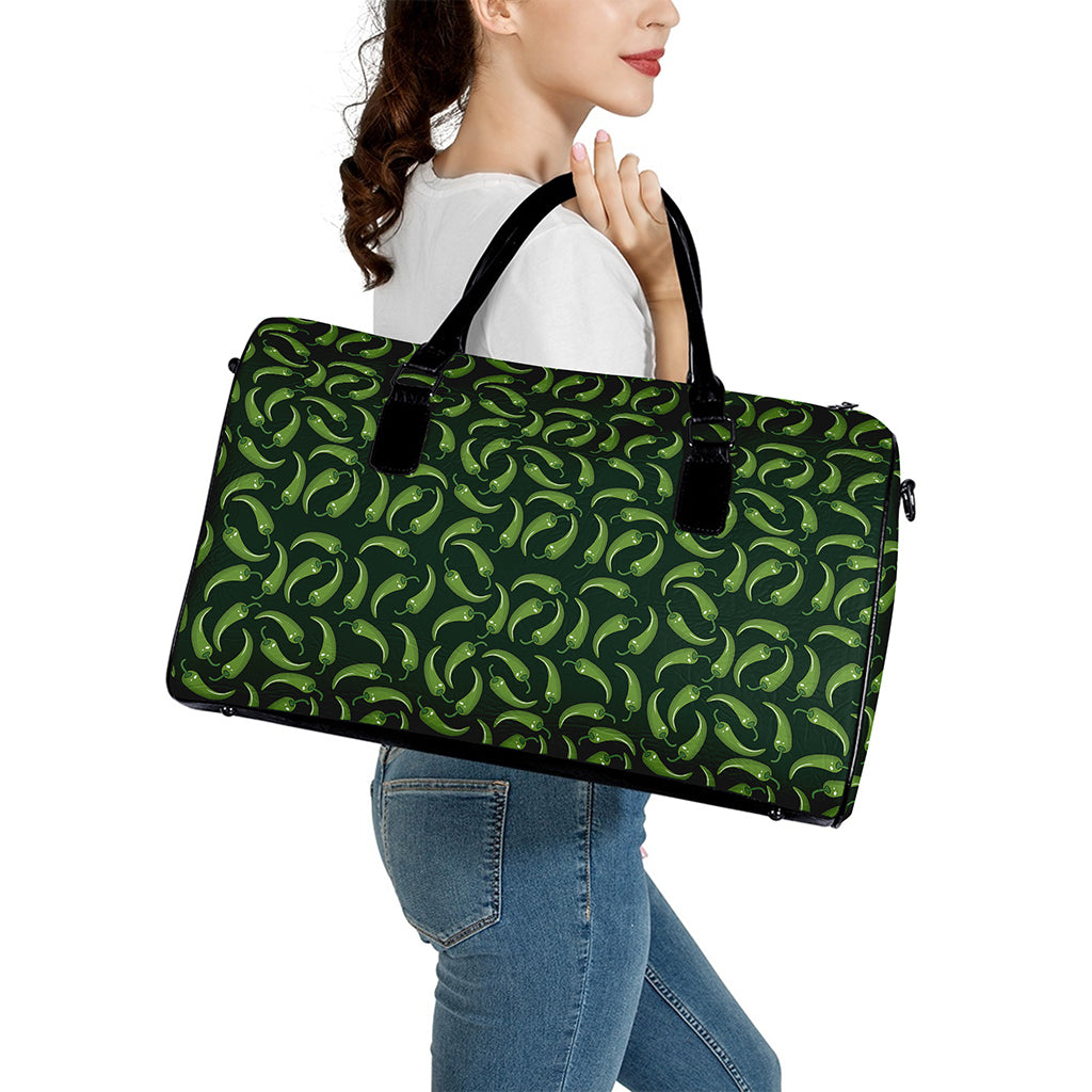 Green Chili Peppers Pattern Print Leather Duffle Bag