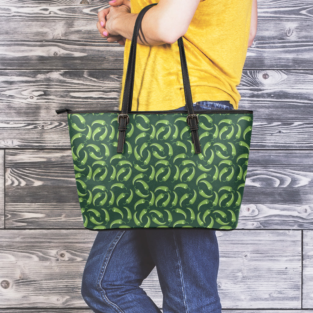 Green Chili Peppers Pattern Print Leather Tote Bag