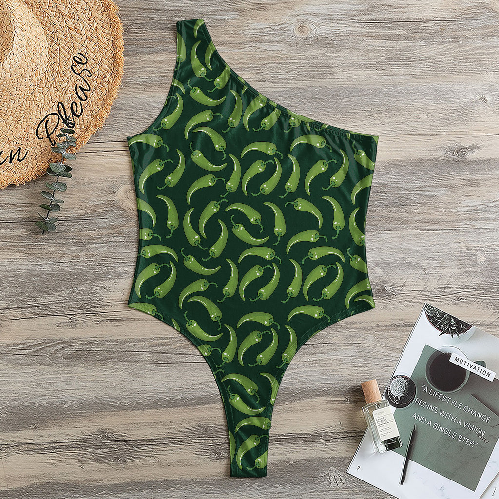 Green Chili Peppers Pattern Print One Shoulder Bodysuit