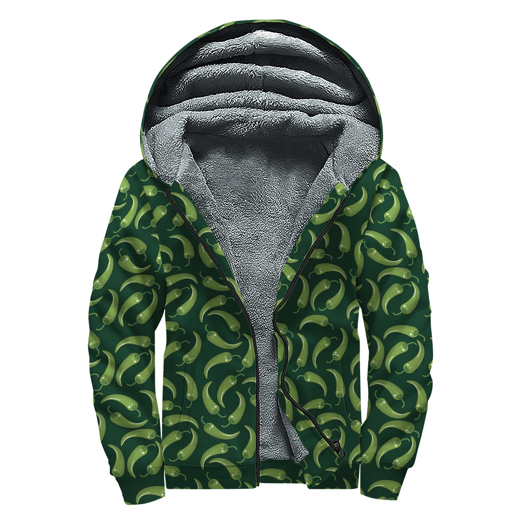 Green Chili Peppers Pattern Print Sherpa Lined Zip Up Hoodie
