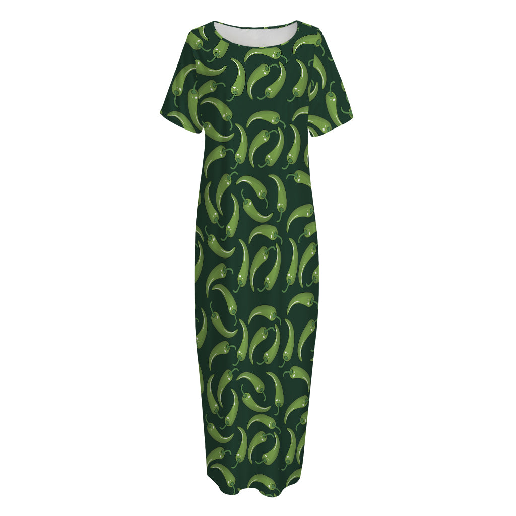 Green Chili Peppers Pattern Print Short Sleeve Long Nightdress