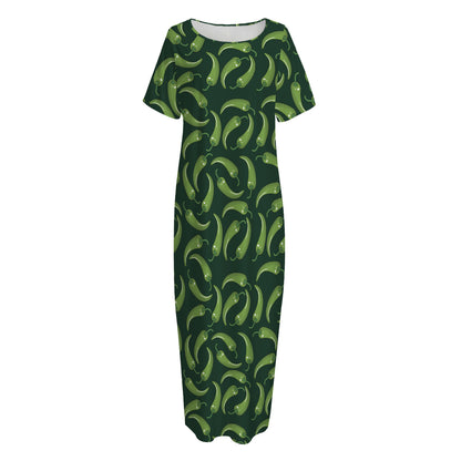 Green Chili Peppers Pattern Print Short Sleeve Long Nightdress