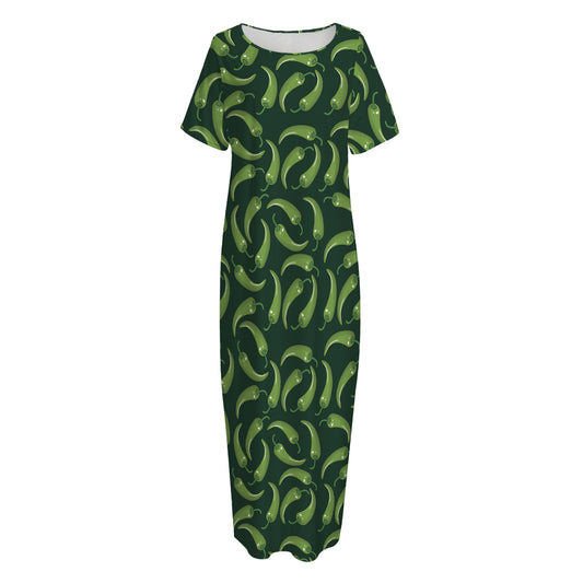 Green Chili Peppers Pattern Print Short Sleeve Long Nightdress