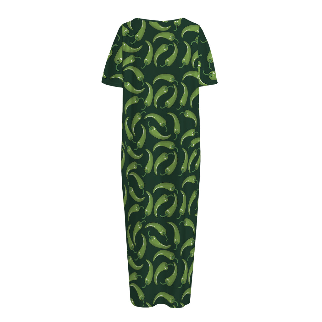 Green Chili Peppers Pattern Print Short Sleeve Long Nightdress