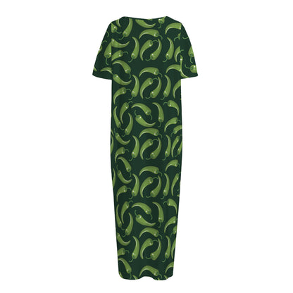 Green Chili Peppers Pattern Print Short Sleeve Long Nightdress