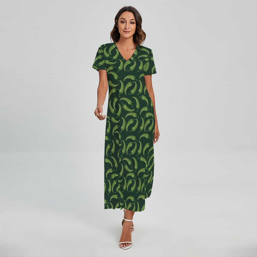 Green Chili Peppers Pattern Print Short Sleeve Maxi Dress