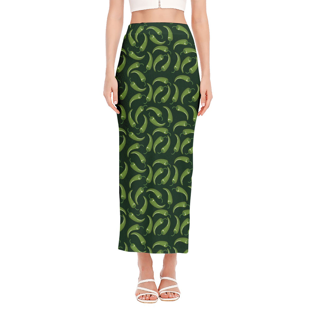 Green Chili Peppers Pattern Print Side Slit Maxi Skirt